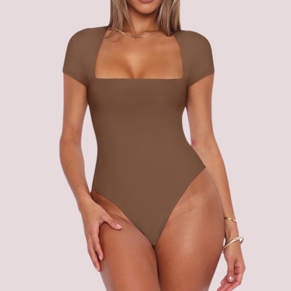 NWT REORIA Brown Square Neck Cap Sleeve Bodysuit‎ - Lg